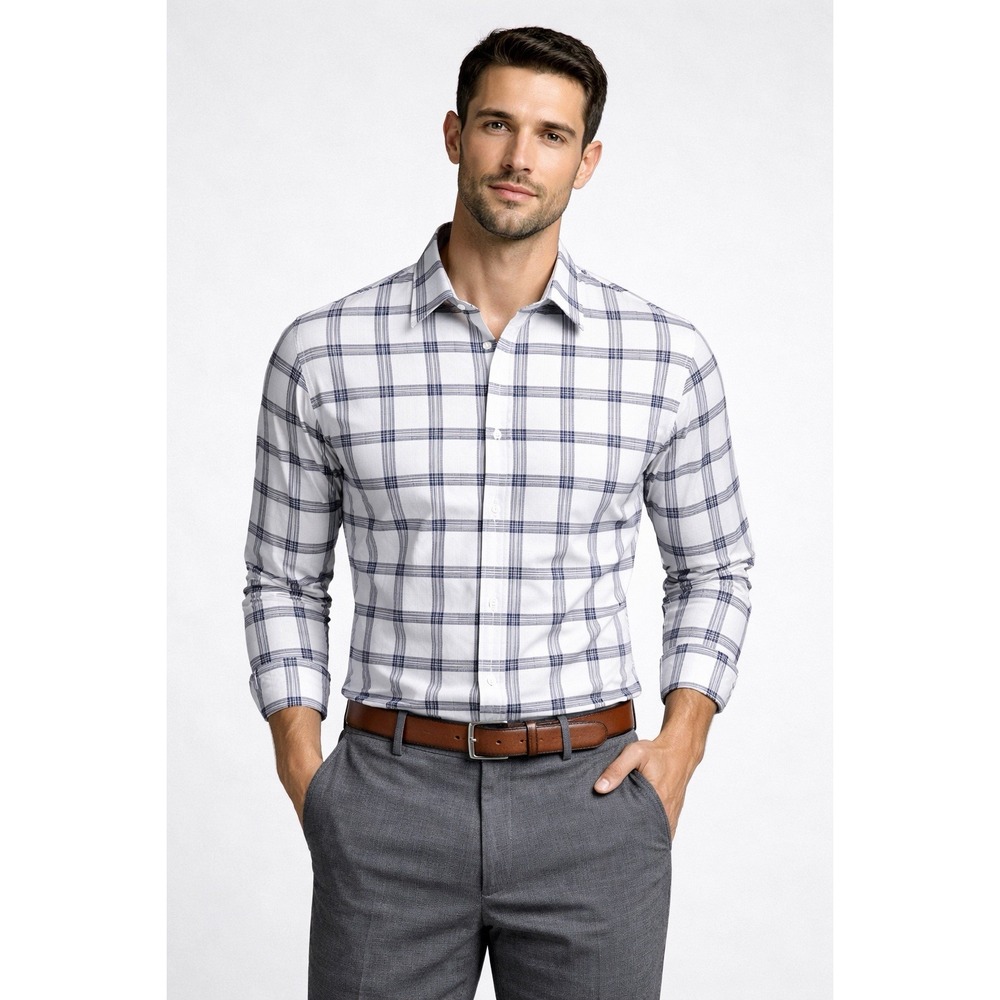 Calibrate Men's Medium Slim Fit Non Iron Plaid Button Front Dress Shirt M Preppy